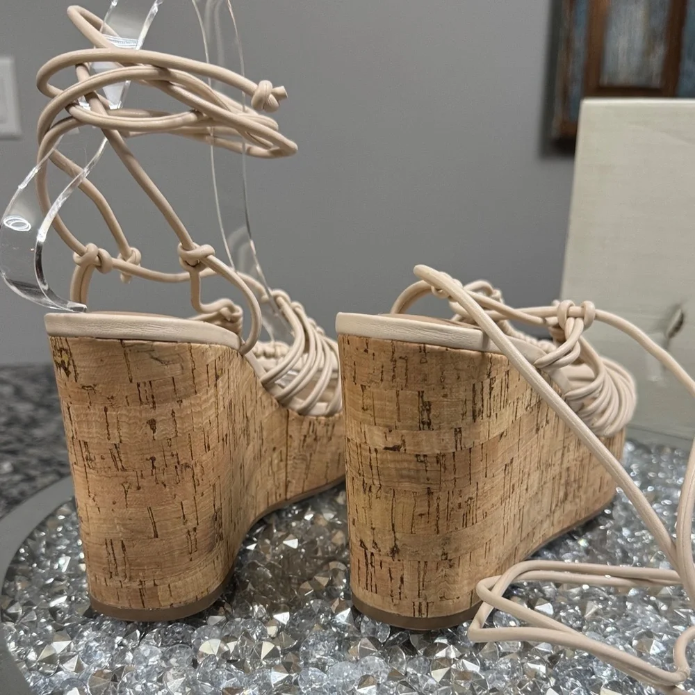 Sun + Stone eggshell Tilly Beige Strappy Lace Up cork Wedge Sandals NEW 7.5